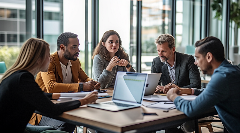 lektorzy siedzą na spotkaniu w biurze