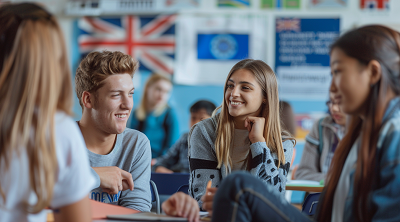 Uczniowie rozmawiają w klasie od języka angielskiego